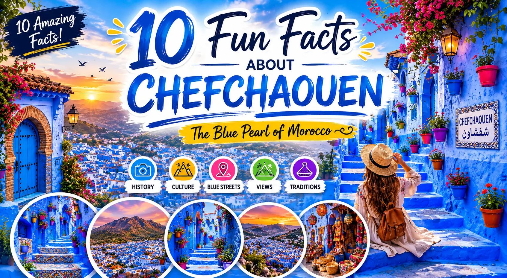 Colorful travel poster showing fun facts about Chefchaouen Morocco and its famous blue streets