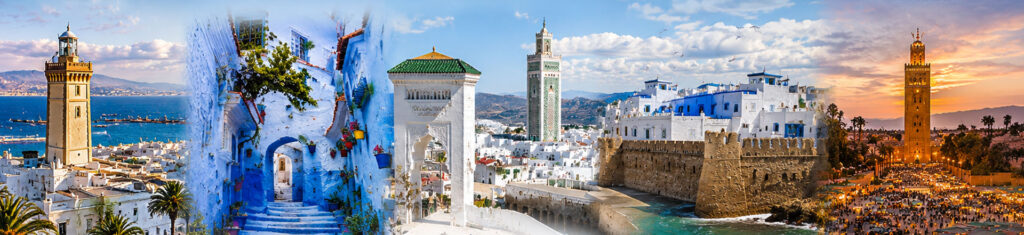 Panoramic collage of North African landmarks: blue-painted streets, white arches, a coastal lighthouse, green-tiled minaret, fortress walls and a sunset plaza crowd.