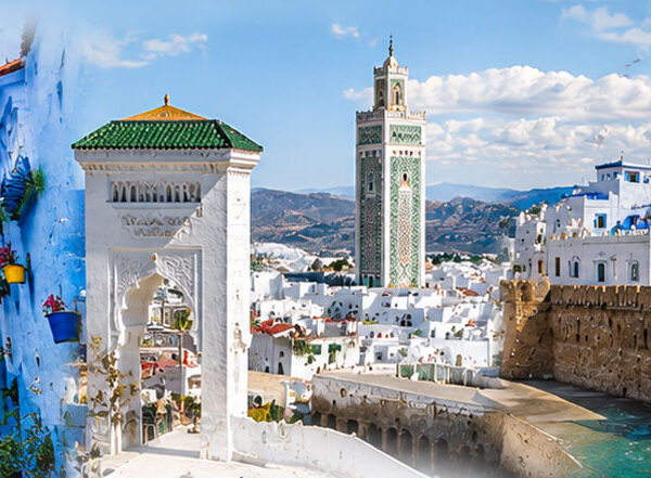 Panoramic collage of North African landmarks: blue-painted streets, white arches, a coastal lighthouse, green-tiled minaret, fortress walls and a sunset plaza crowd.