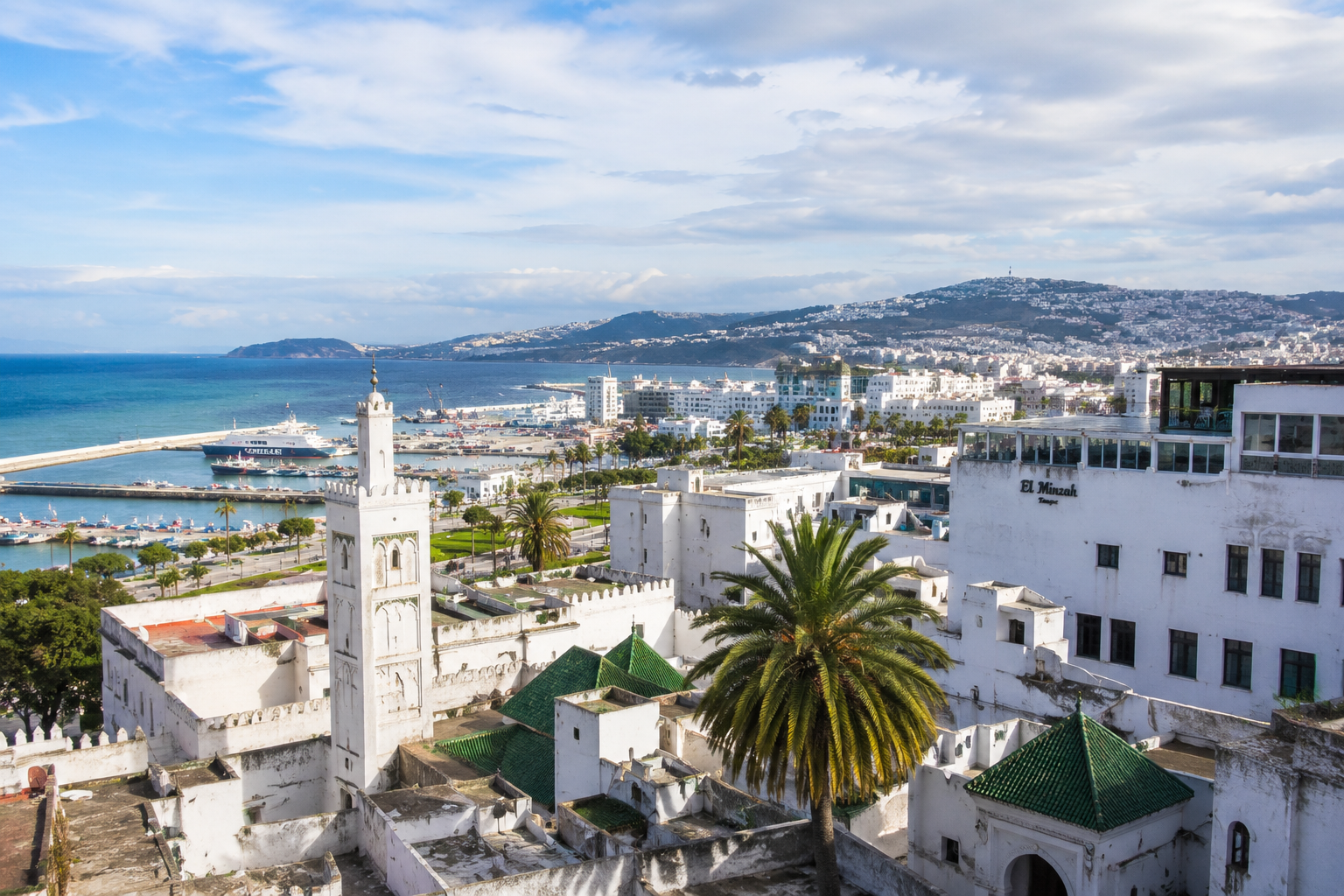 Coastal Mediterranean town with whitewashed buildings, a harbor with boats, and palm trees by the blue sea.