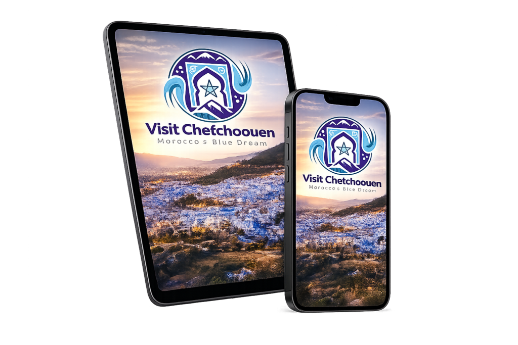 Visit Chefchouoen logo with 'Morocco's Blue Dream' on tablet and smartphone against a sunset landscape.