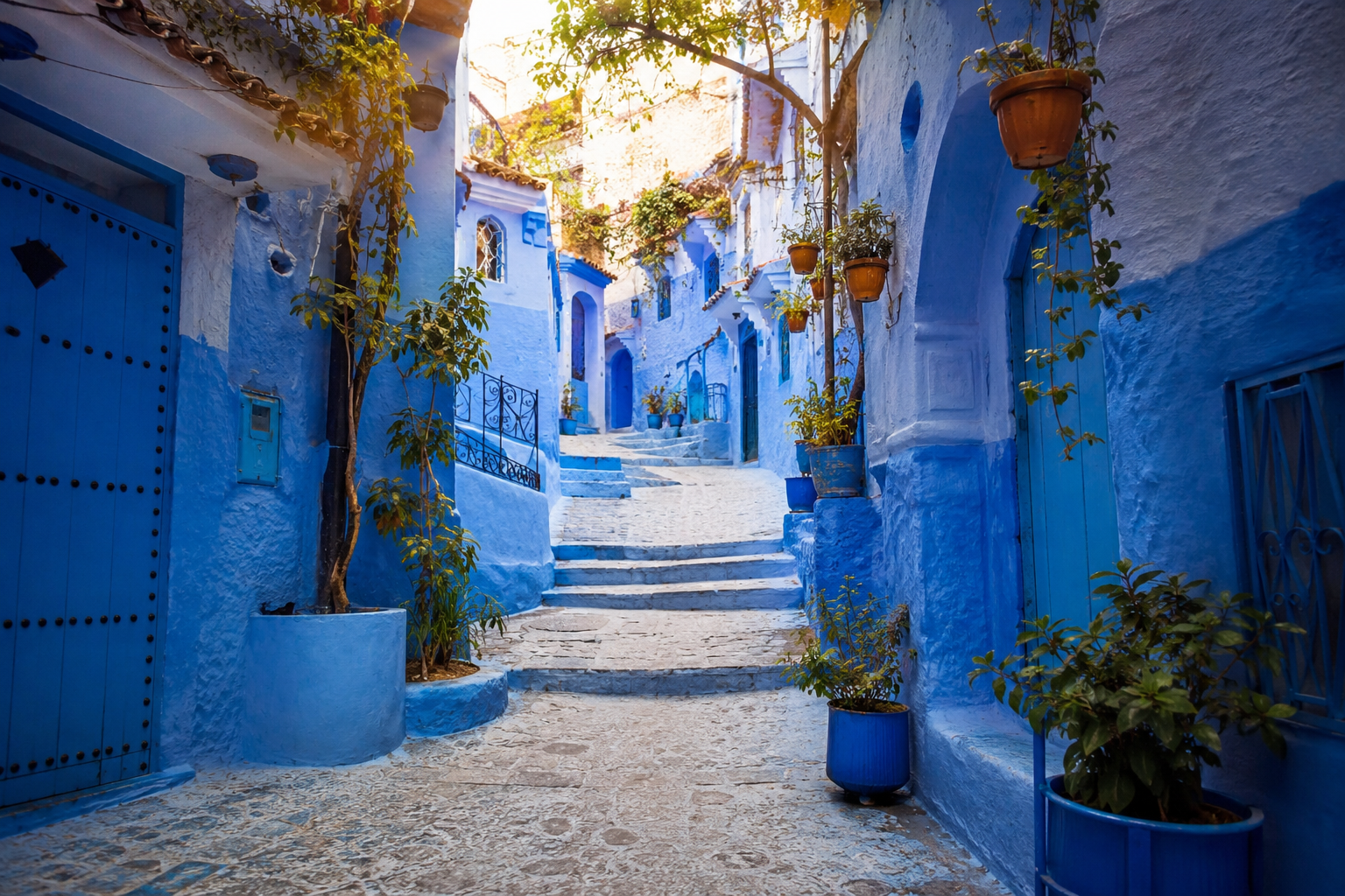 Chefchaouen blue streets in Northern Morocco with traditional doors and peaceful Medina atmosphere