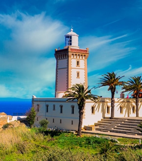 Tangier coast in Northern Morocco with ocean views, palm trees, and Moroccan travel atmosphere