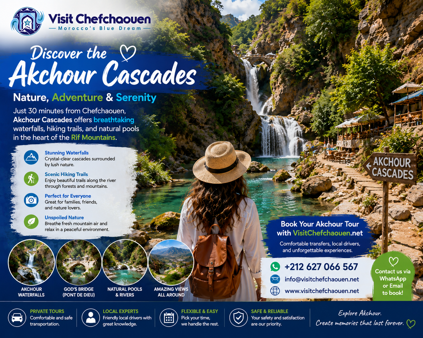Akchour Cascades near Chefchaouen featuring beautiful waterfalls, natural pools, hiking trails, and the Visit Chefchaouen tour service