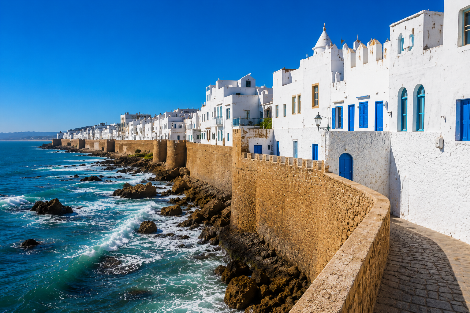 Asilah coastal town in Northern Morocco with white Medina walls, ocean views, beaches, and colorful street art