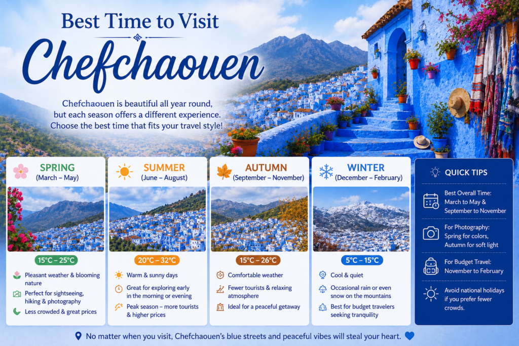 Best Time to Visit Chefchaouen - Visit Chefchaouen Seasonal travel guide showing the best time to visit Chefchaouen Morocco throughout the year