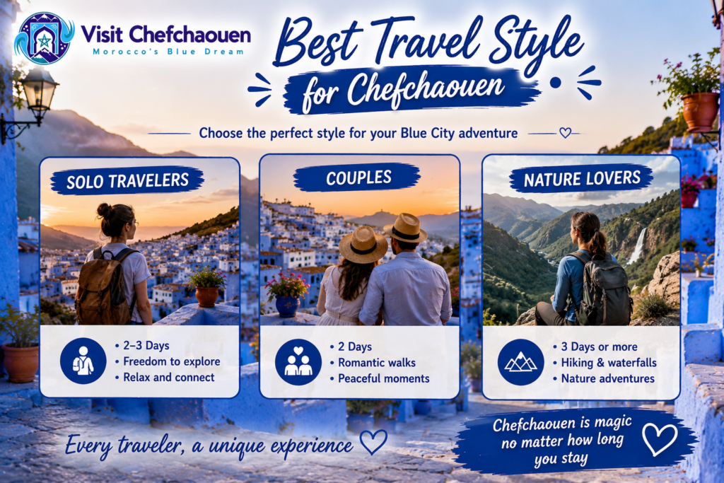 Best Travel Style for Chefchaouen | Visit Chefchaouen - Visit Chefchaouen Best travel style for Chefchaouen showing solo travelers, couples, and nature lovers exploring Morocco's Blue City