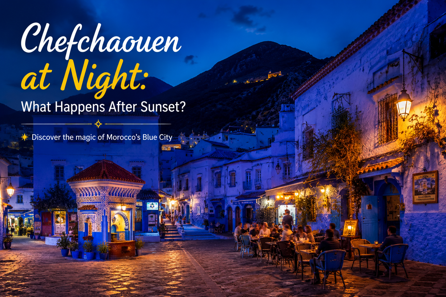 Chefchaouen at Night showing illuminated blue streets, cafés, and evening atmosphere in Morocco's Blue City