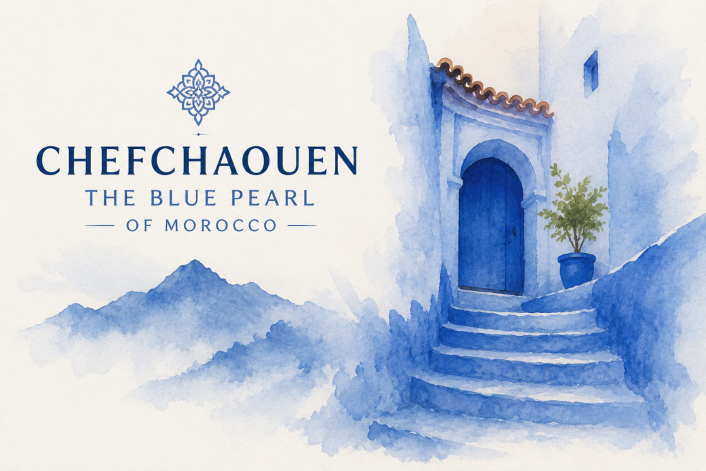 Artistic watercolor illustration of Chefchaouen known as the Blue Pearl of Morocco