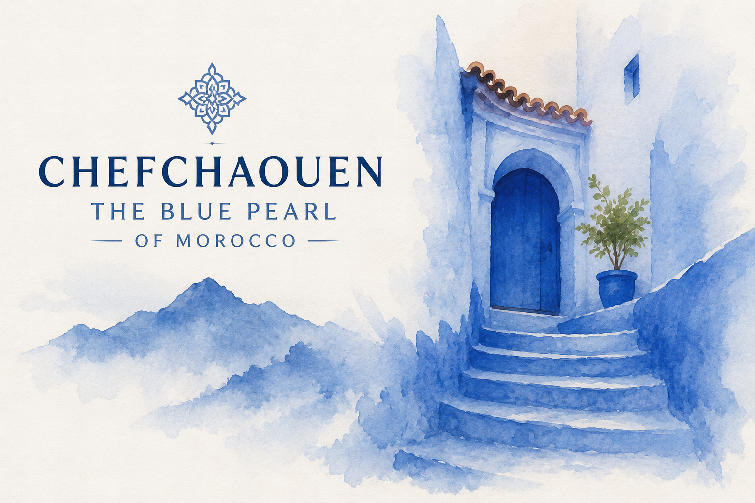 Artistic watercolor illustration of Chefchaouen known as the Blue Pearl of Morocco
