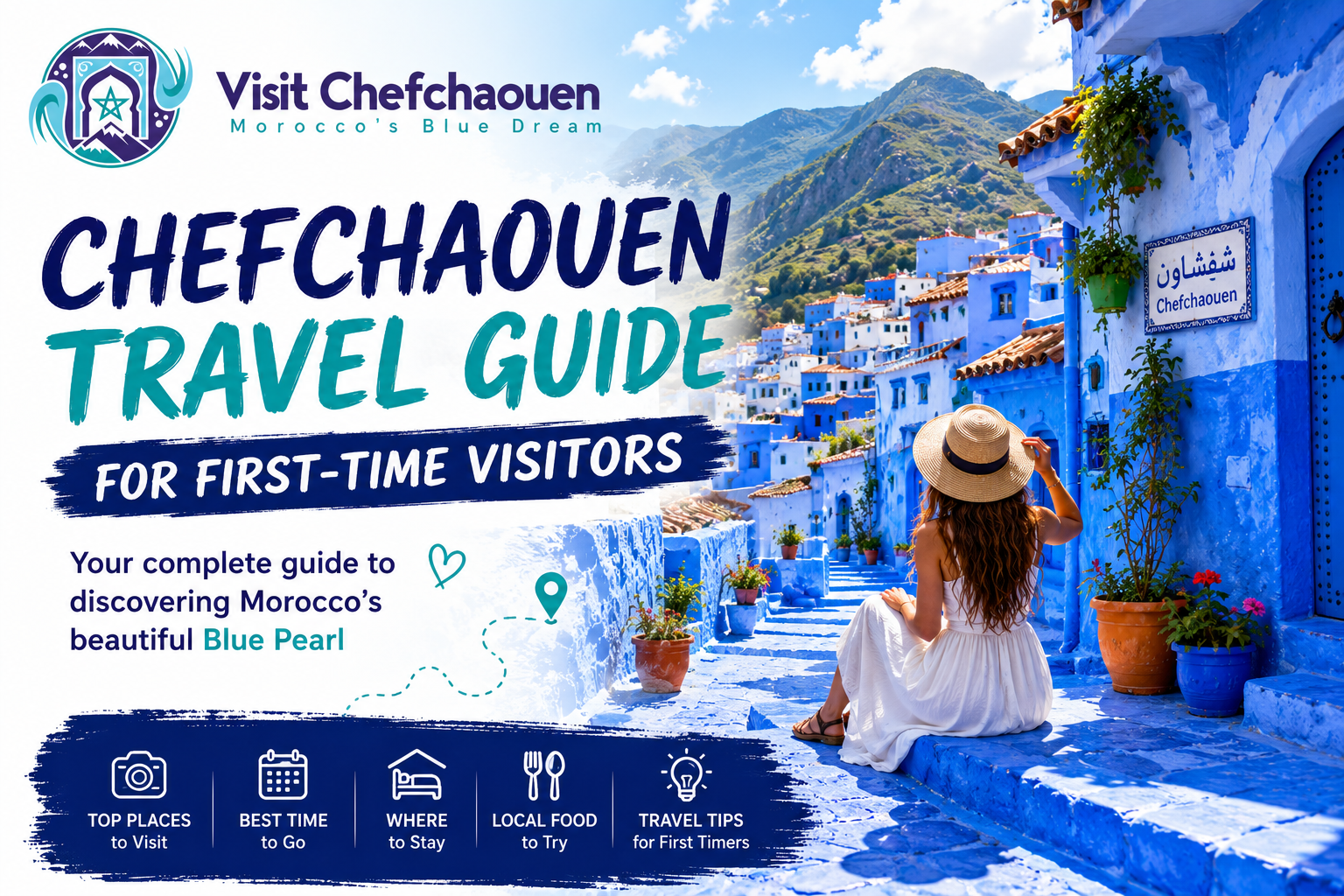 Travel guide cover showing the blue streets of Chefchaouen Morocco for first-time visitors