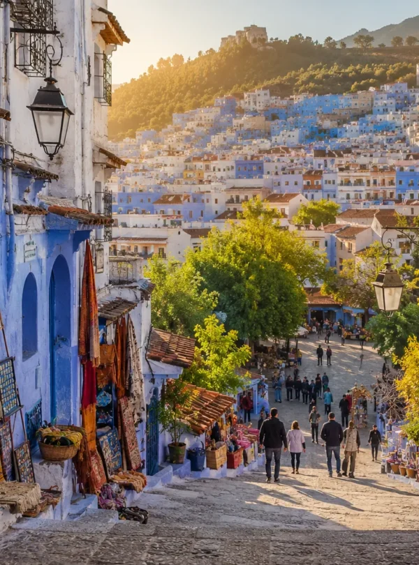 Blue-washed street in Chefchaouen with colorful rugs and leather bags for sale, people strolling downhill.