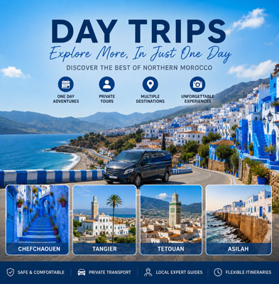 Promotional Morocco travel hero with bold DAY TRIPS text over a blue-and-white hillside town.