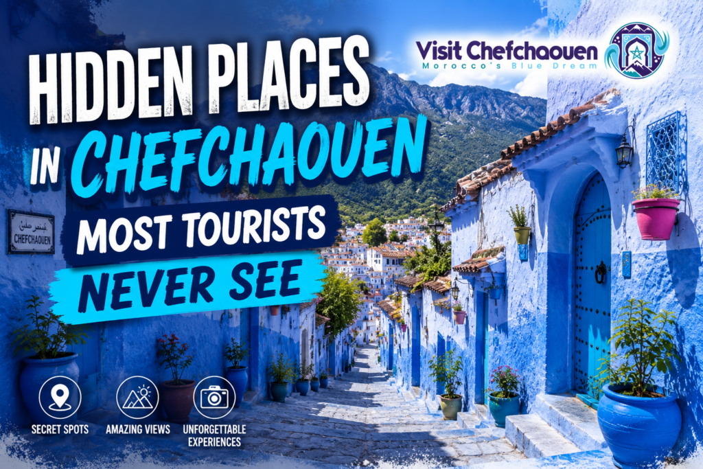 Hidden Places in Chefchaouen Most Tourists Never See - Visit Chefchaouen Promotional banner for Chefchaouen: blue alley with bold white and blue text reading'Hidden Places in Chefchaouen Most Tourists Never See' and a Visit Chefchaouen logo in the corner.