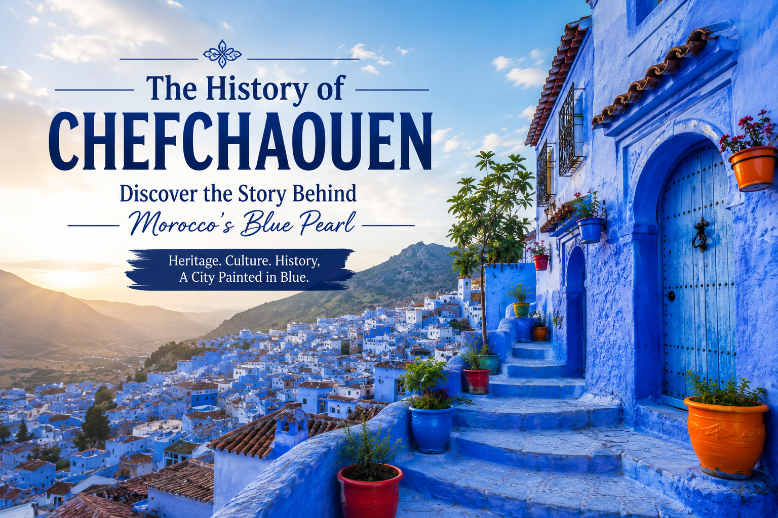 Panoramic view of the blue city of Chefchaouen in Morocco with historic blue streets and mountain scenery
