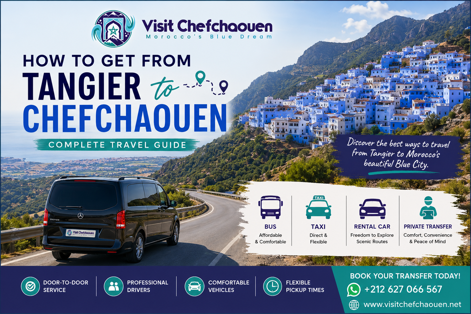 How to Get from Tangier to Chefchaouen travel guide featuring a private transfer and the Visit Chefchaouen logo