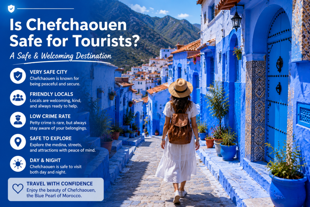 Is Chefchaouen Safe for Tourists? | Visit Chefchaouen - Visit Chefchaouen Is Chefchaouen Safe for Tourists showing a traveler exploring the blue streets of Chefchaouen, Morocco safely