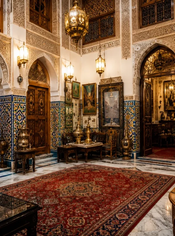 Lavishly decorated Moroccan-style interior with ornate plasterwork, hanging brass lanterns, tiled columns, and a red Persian rug in a gallery-like room.