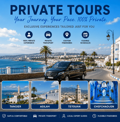 Private tours in Northern Morocco with VIP vehicle, Chefchaouen views, Tangier, Tetouan, Asilah, private transport, and custom itineraries