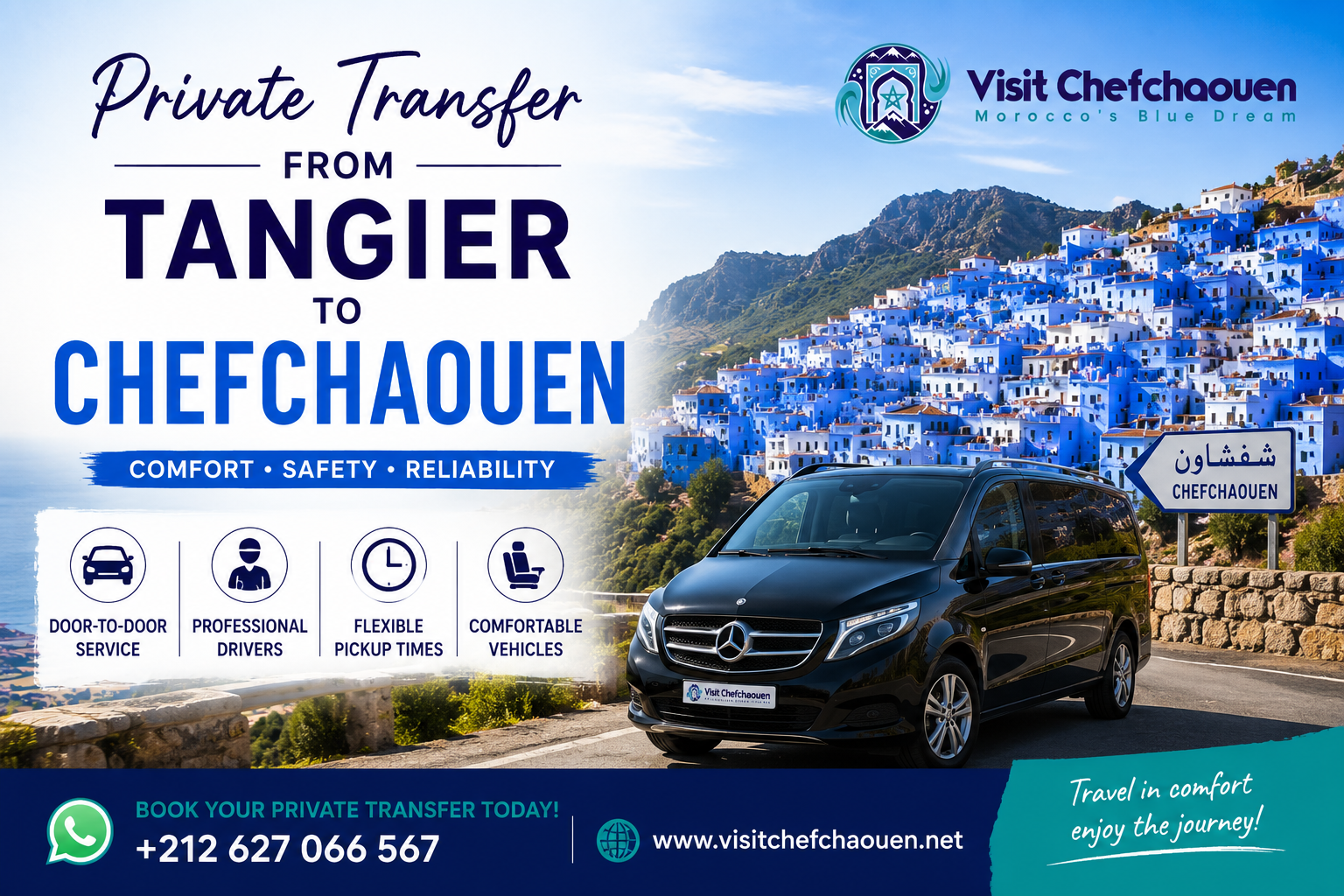 Private Transfer from Tangier to Chefchaouen featuring a comfortable vehicle, scenic route, and Visit Chefchaouen service
