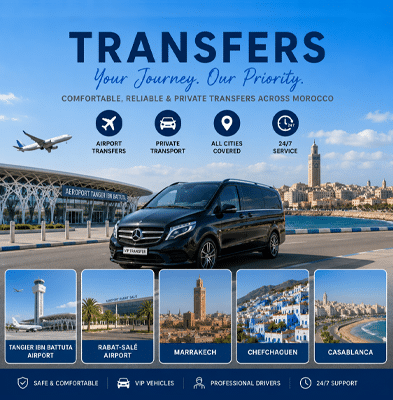 Private transfers in Morocco with VIP vehicle, airport pickup, professional driver, and transport between Tangier Chefchaouen Fes Casablanca and Marrakech