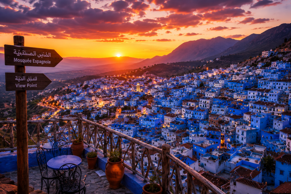 Sunset Views Over the Blue City | Visit Chefchaouen - Visit Chefchaouen Sunset Views Over the Blue City featuring panoramic views of Chefchaouen at sunset from the Spanish Mosque viewpoint