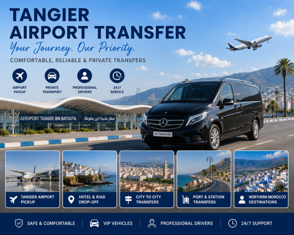 Tangier airport transfer with private pickup from Tangier Ibn Battuta Airport to Tangier Chefchaouen Tetouan Asilah and Northern Morocco