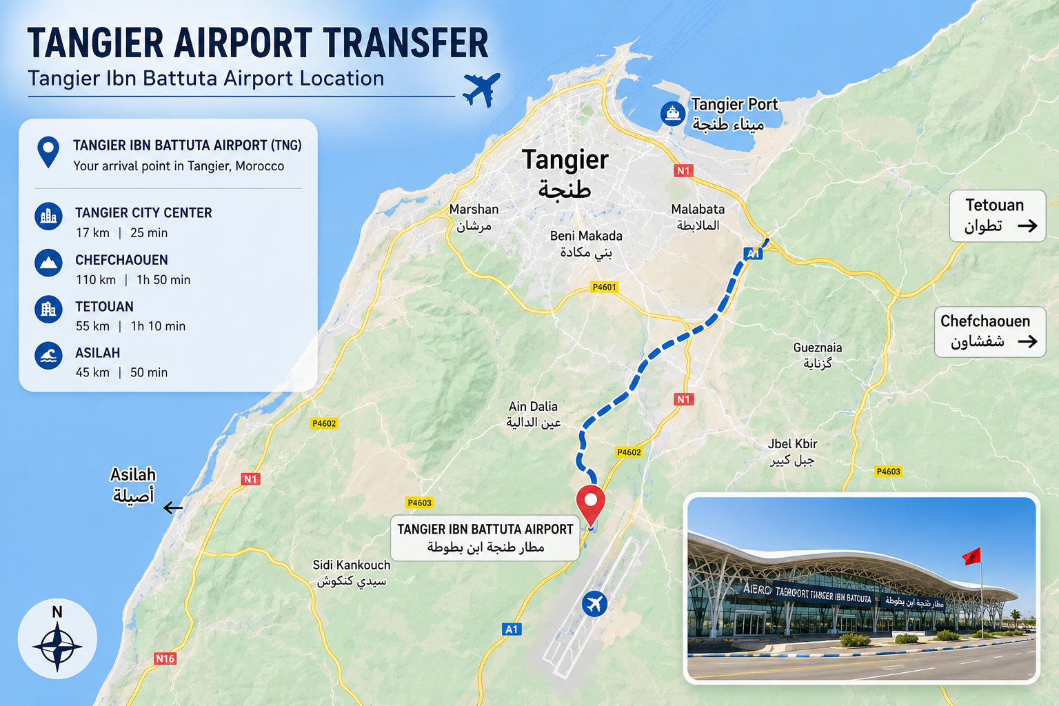 Map location of Tangier Ibn Battuta Airport for private airport transfer in Tangier Morocco