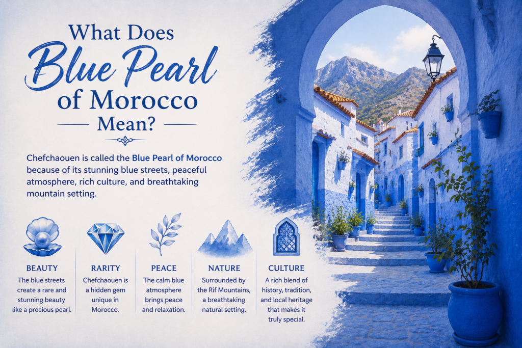What Does Blue Pearl of Morocco Mean - Visit Chefchaouen Artistic illustration explaining the meaning of the Blue Pearl of Morocco in Chefchaouen