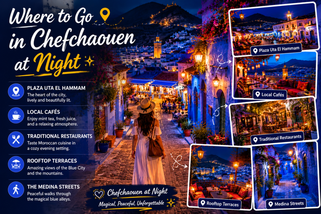Where to Go in Chefchaouen at Night | Visit Chefchaouen - Visit Chefchaouen Where to Go in Chefchaouen at Night featuring Plaza Uta El Hammam, rooftop cafés, Medina streets, and traditional restaurants