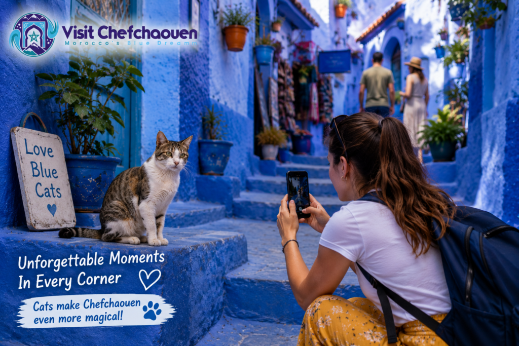 Why Visitors Love Cats in Chefchaouen | Visit Chefchaouen - Visit Chefchaouen Why visitors love cats in Chefchaouen showing tourists taking photos of cats in Morocco's Blue City